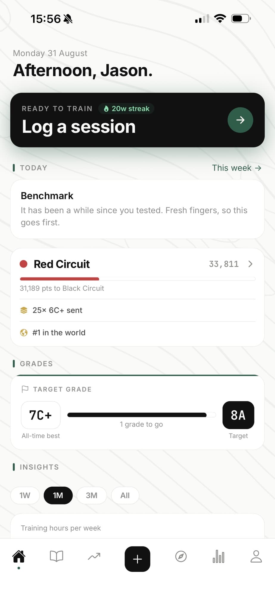 The BLEAUBLOC home screen, showing a 20 week streak, a benchmark due today, Red Circuit progress toward Black, and a target grade of 8A against an all-time best of 7C+.